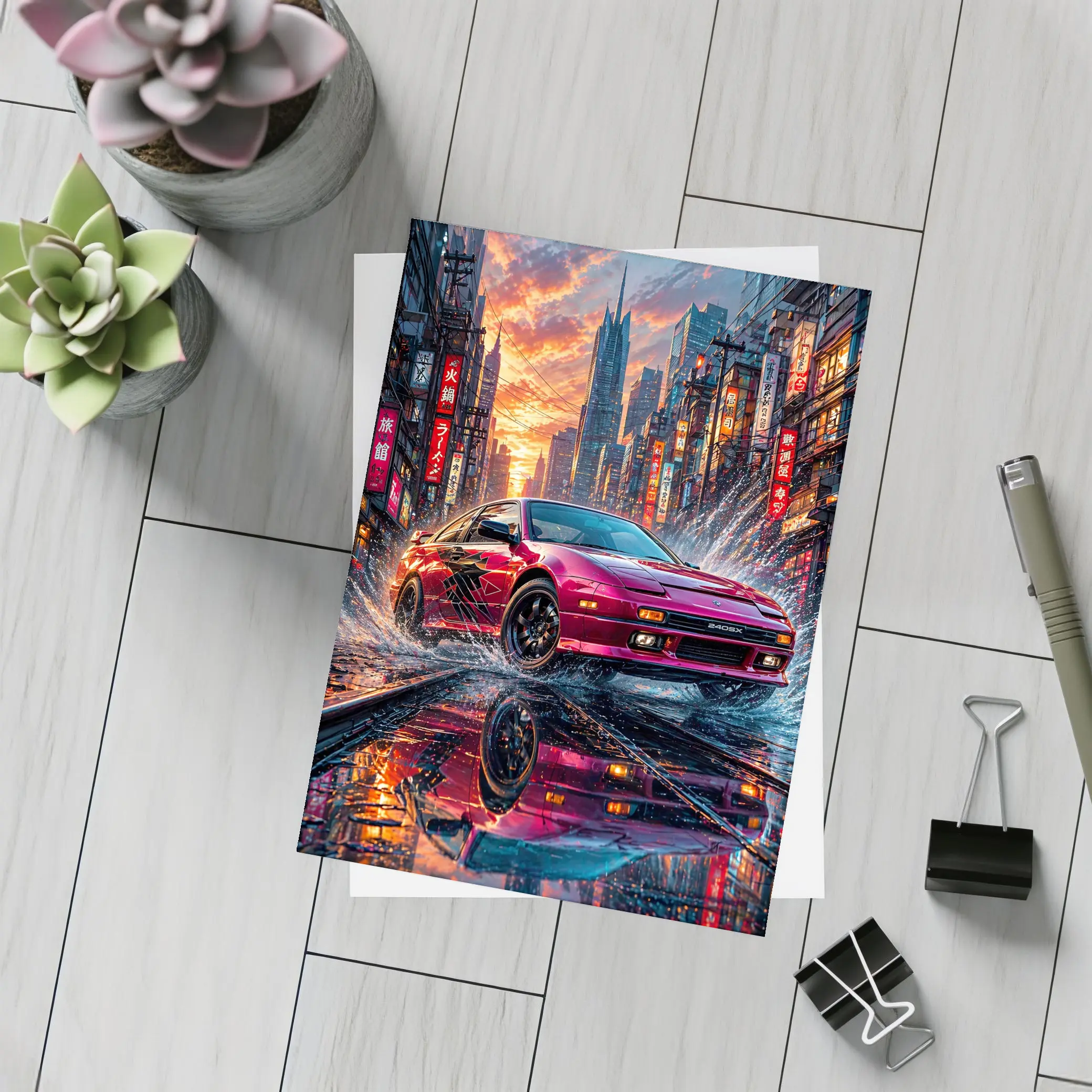 Nissan 240SX Red Rainy Tokyo City Street – Postcards