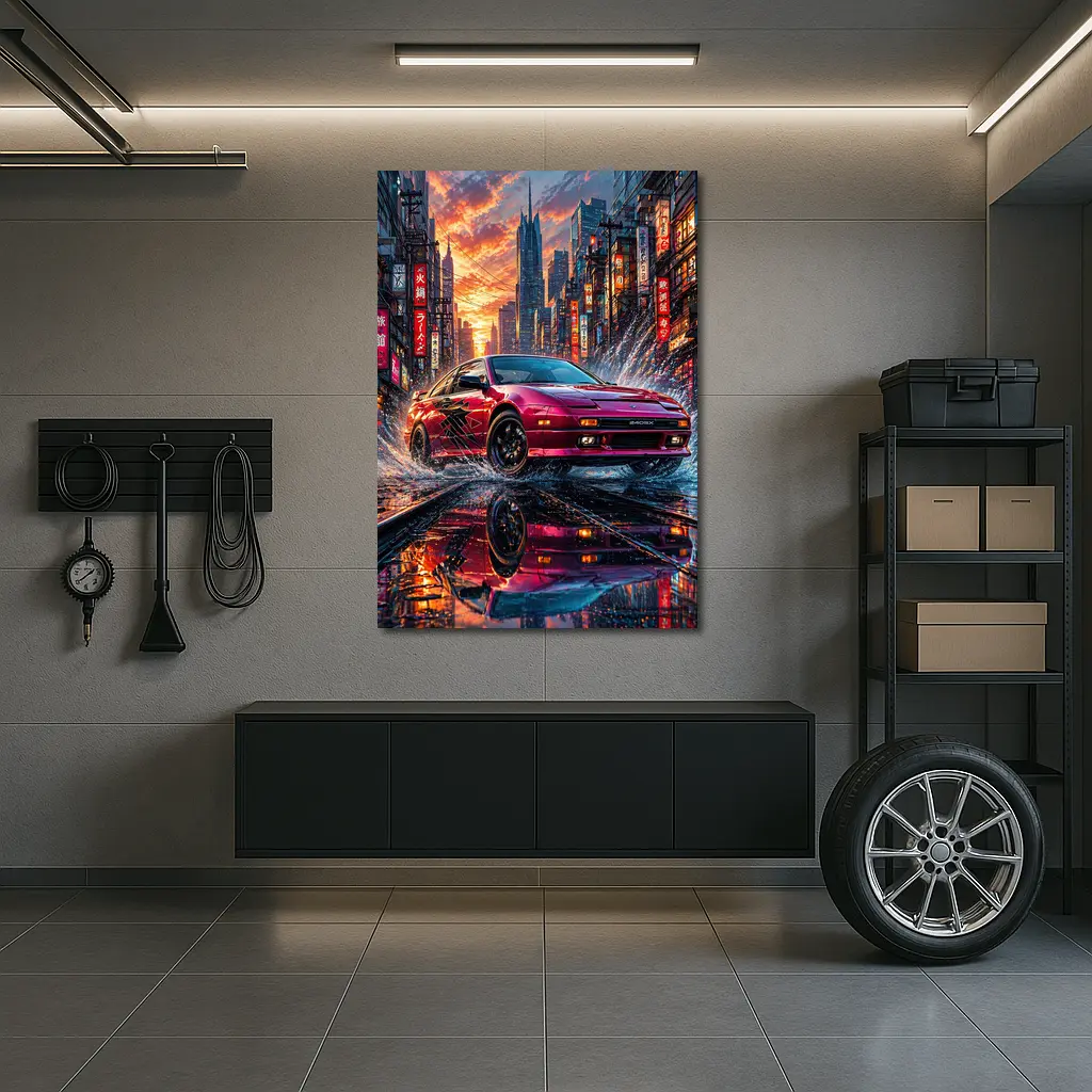 Nissan 240SX Red Rainy Tokyo City Street – Wall Art