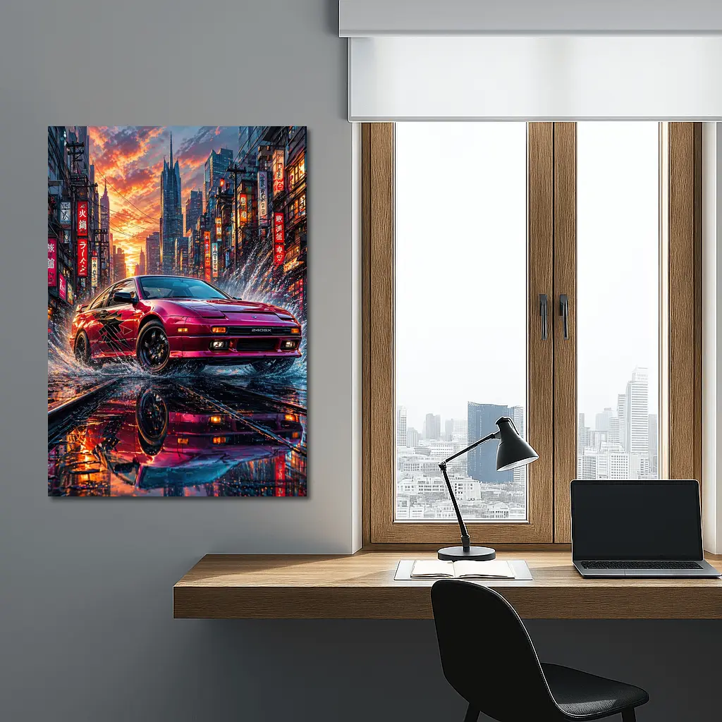 Nissan 240SX Red Rainy Tokyo City Street – Wall Art
