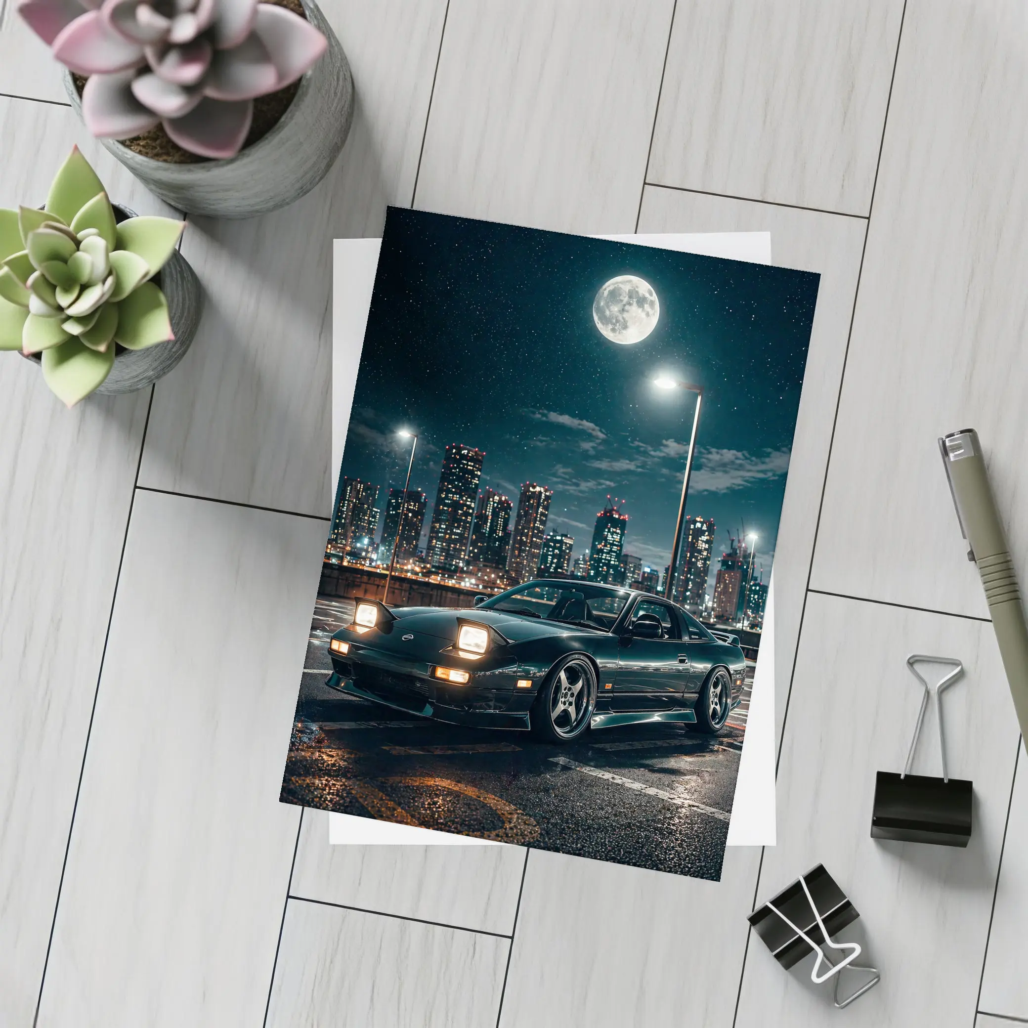 Nissan 240SX Night City Moonlit Scene – Postcards