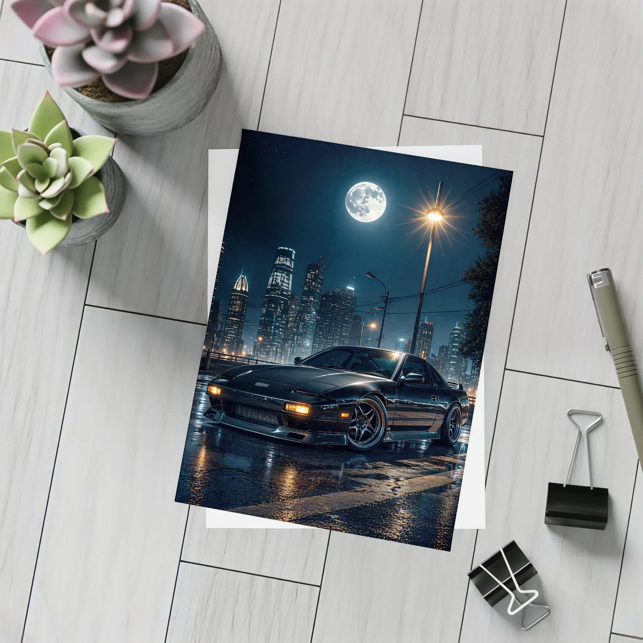 Nissan 240SX Night City Moon Scene – Postcards