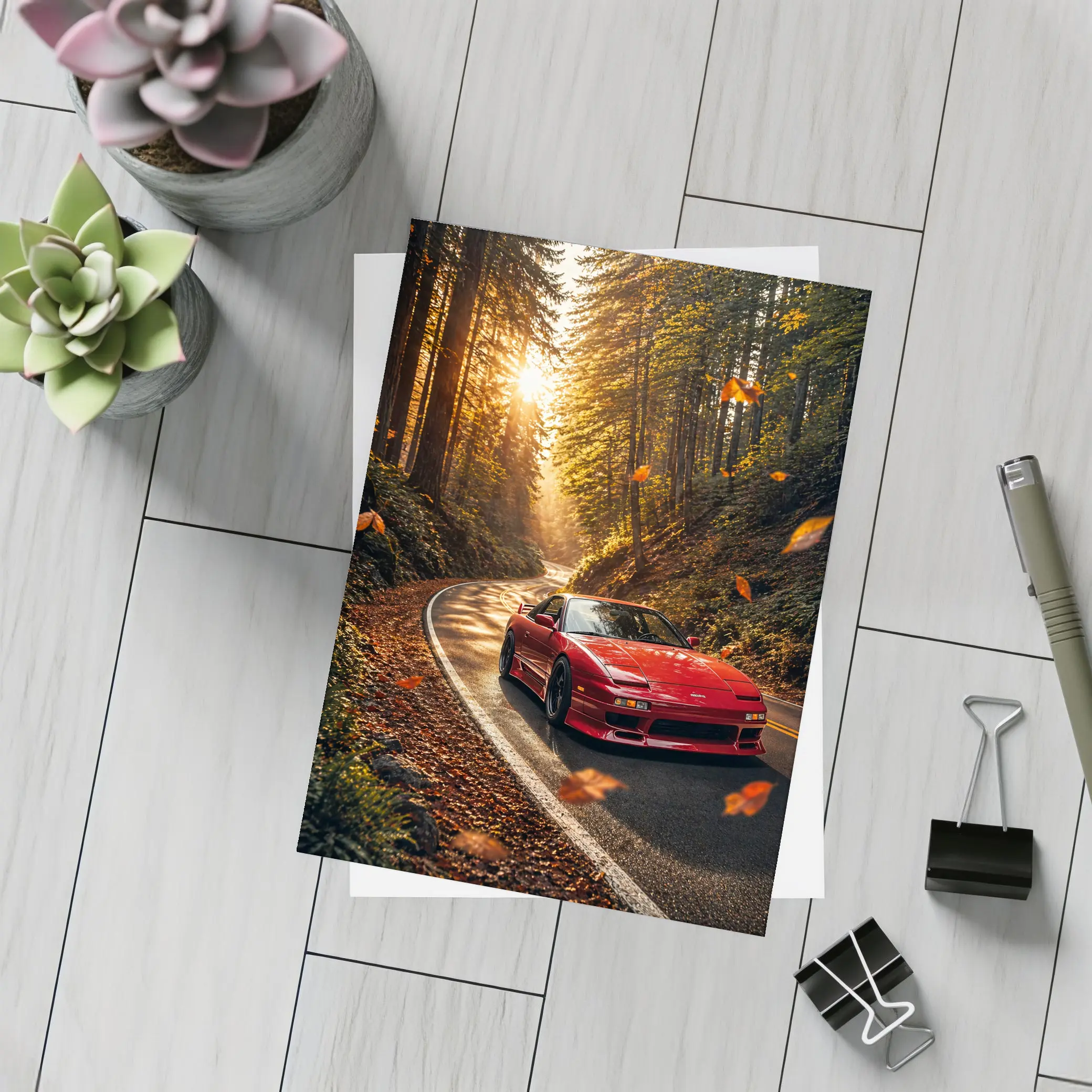 Nissan 240SX Red Car Forest Road – Postcards