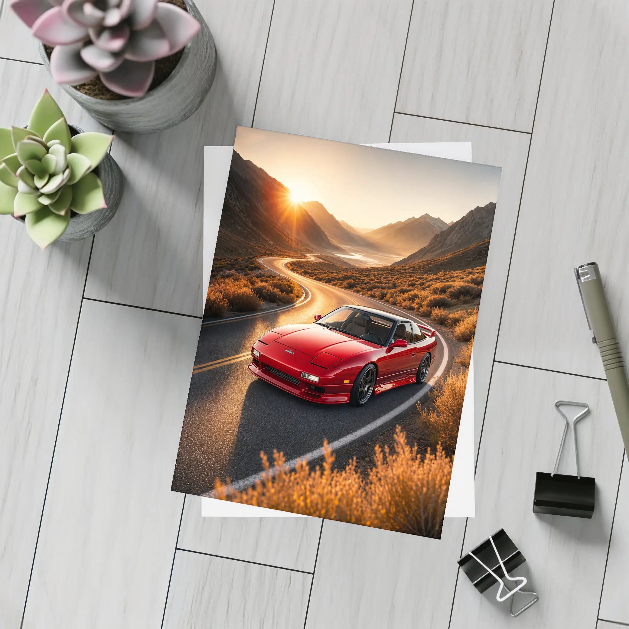 Nissan 240SX Red Car Mountain Sunset Road – Postcards