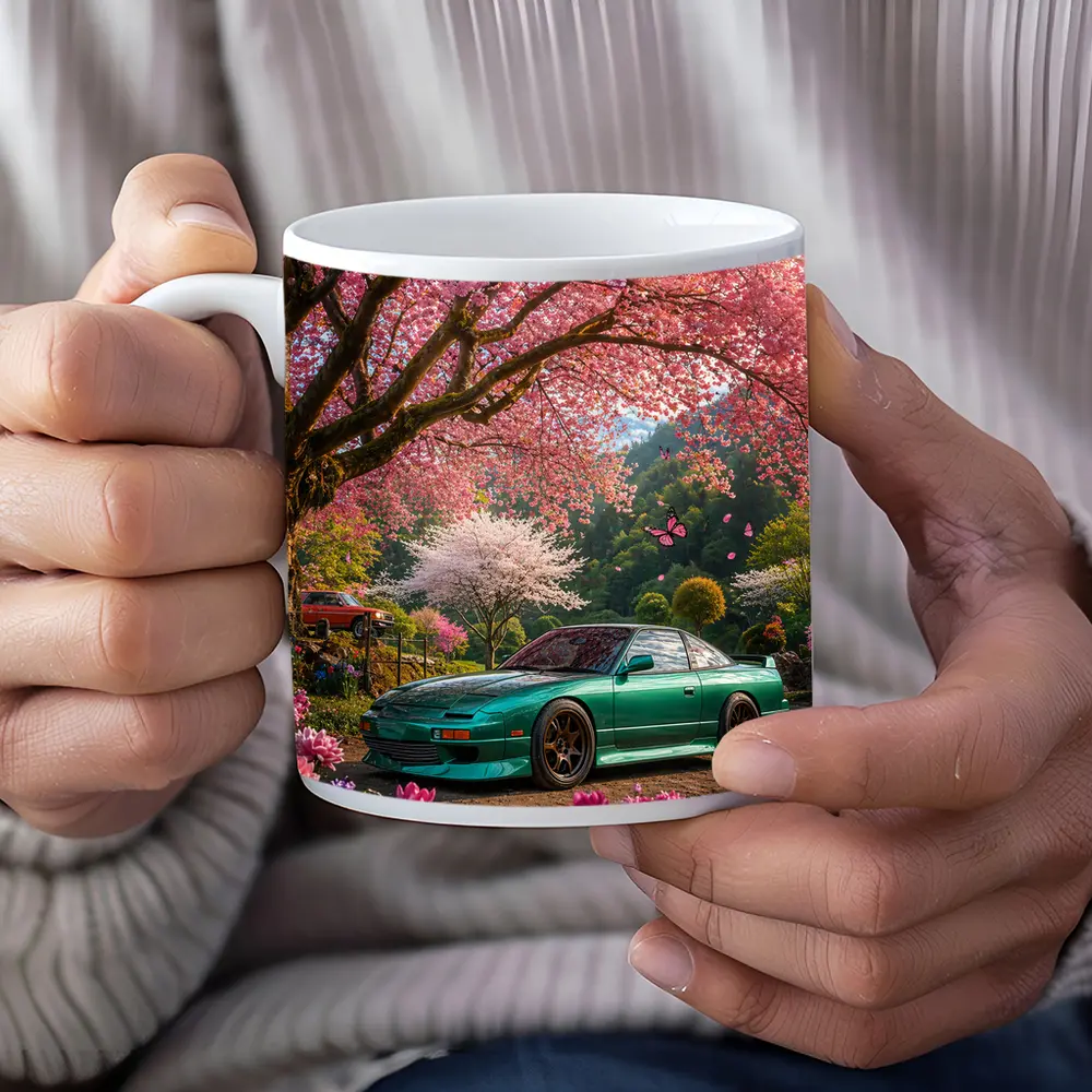 Nissan 240SX Teal Coupe Under Cherry Blossoms – Mugs