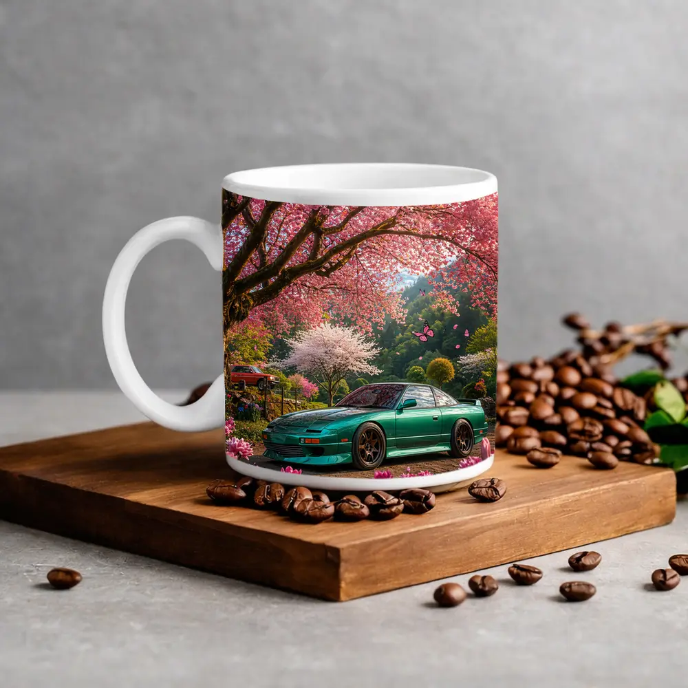 Nissan 240SX Teal Coupe Under Cherry Blossoms – Mugs