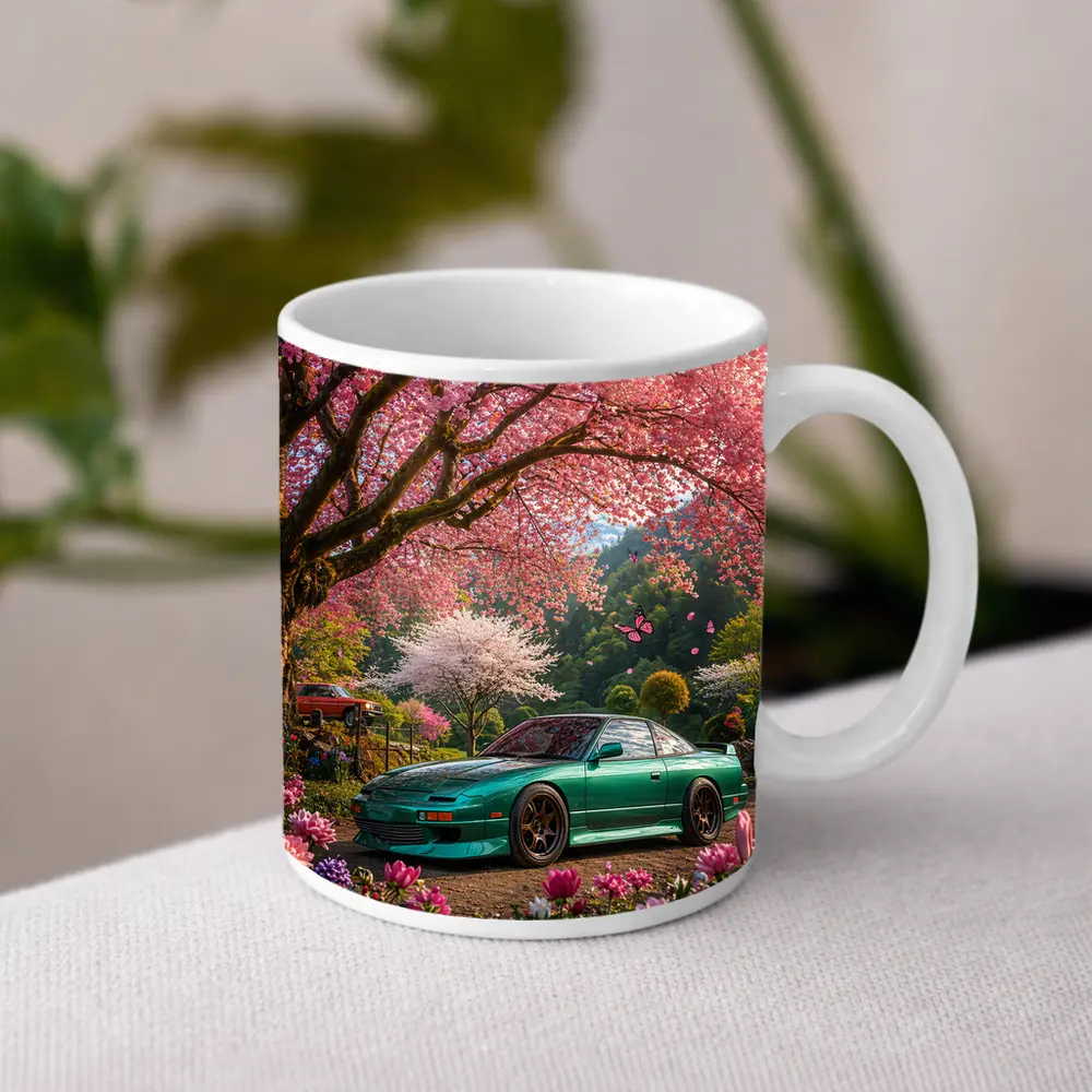 Nissan 240SX Teal Coupe Under Cherry Blossoms – Mugs