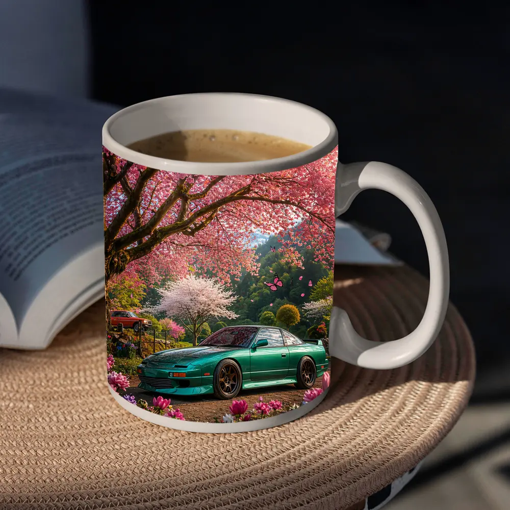 Nissan 240SX Teal Coupe Under Cherry Blossoms – Mugs