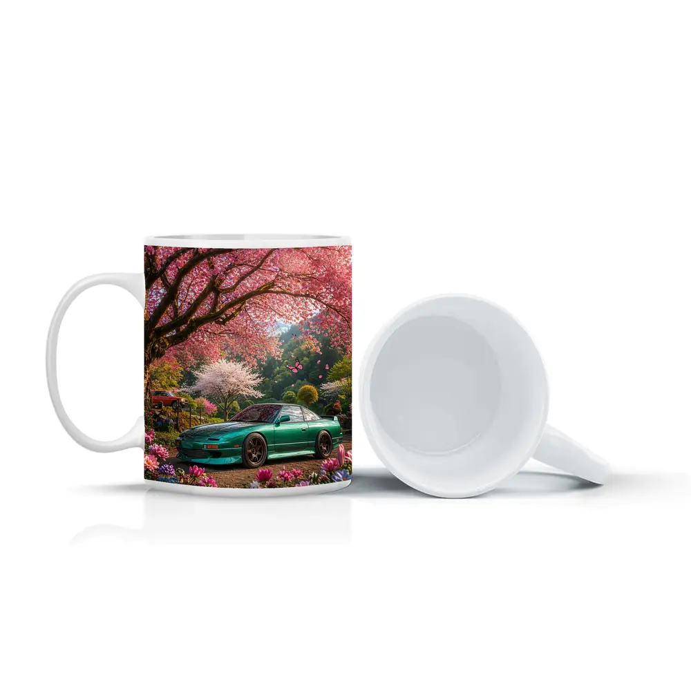 Nissan 240SX Teal Coupe Under Cherry Blossoms – Mugs