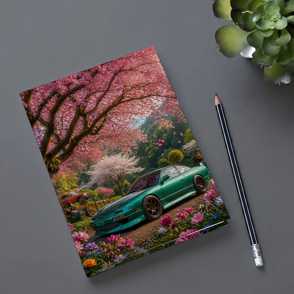 Nissan 240SX Teal Coupe Under Cherry Blossoms – Notebooks