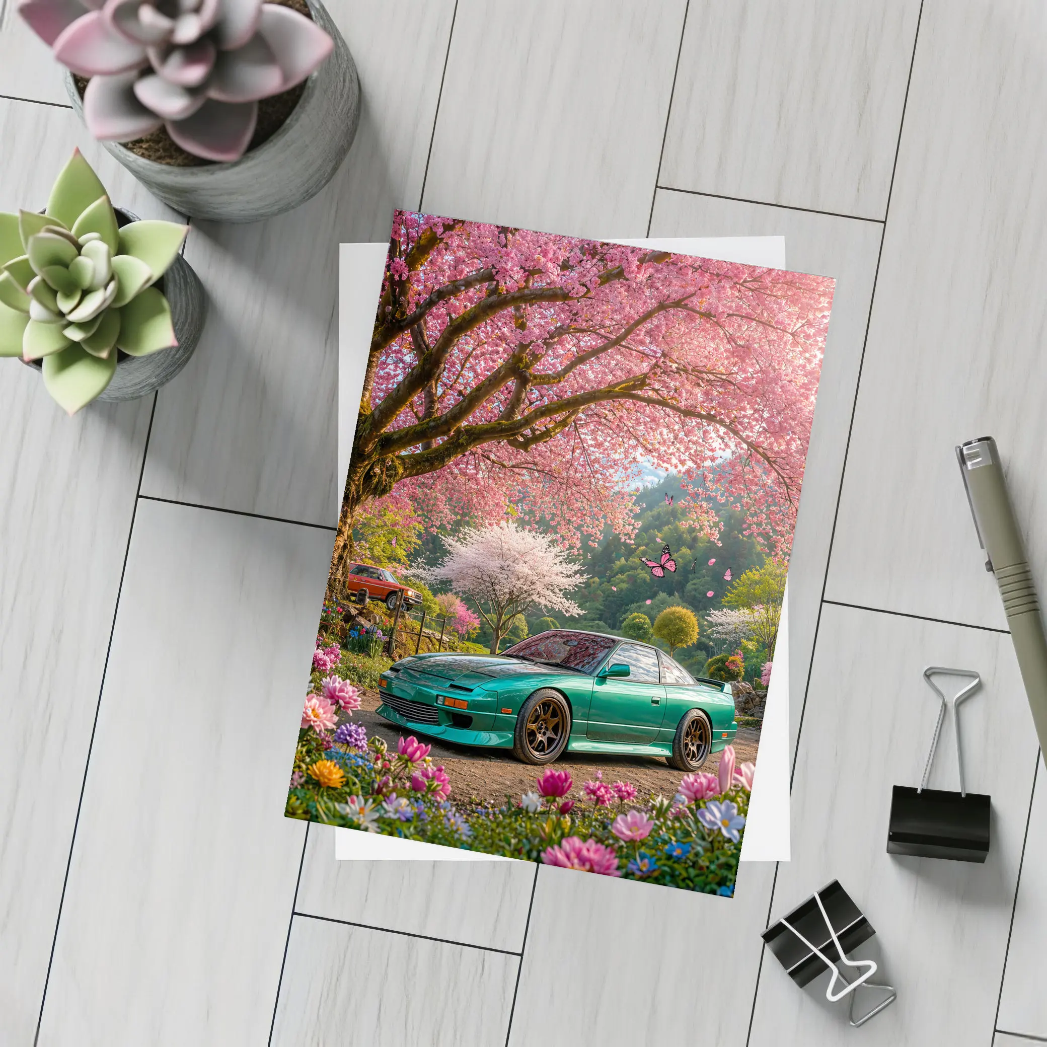 Nissan 240SX Teal Coupe Under Cherry Blossoms – Postcards