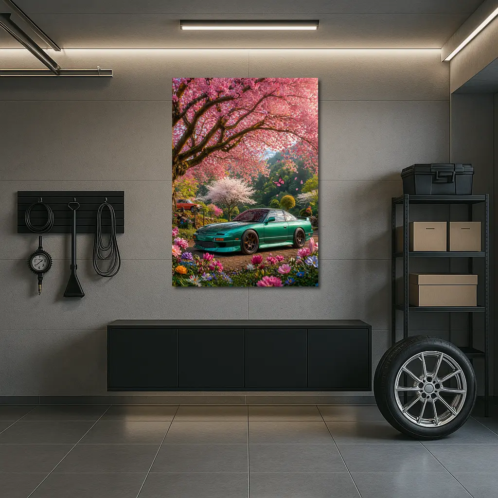 Nissan 240SX Teal Coupe Under Cherry Blossoms – Wall Art
