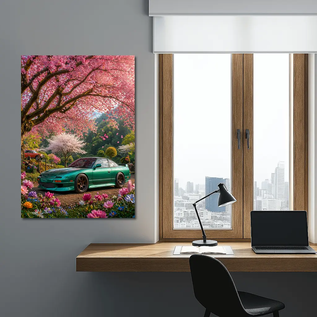 Nissan 240SX Teal Coupe Under Cherry Blossoms – Wall Art