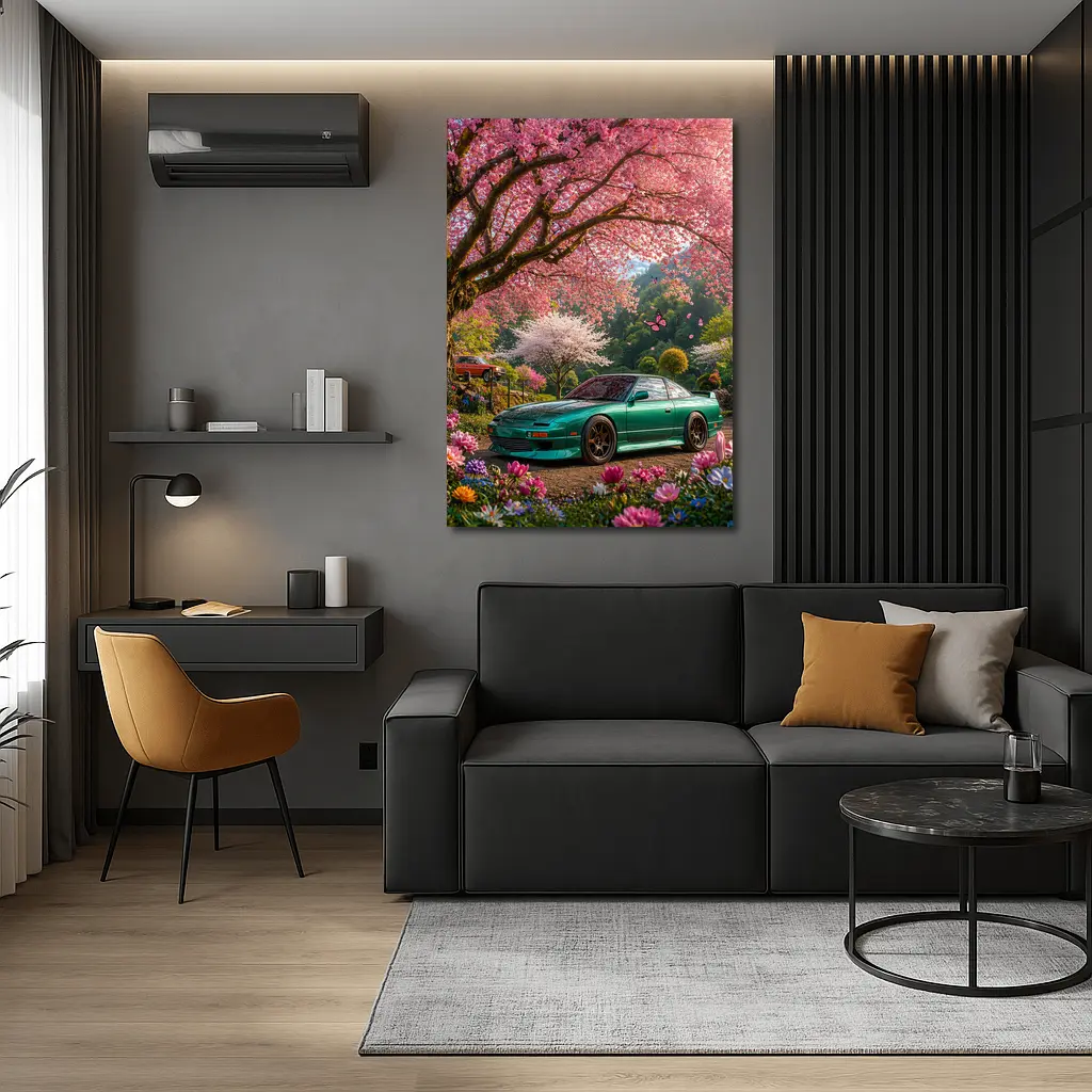 Nissan 240SX Teal Coupe Under Cherry Blossoms – Wall Art