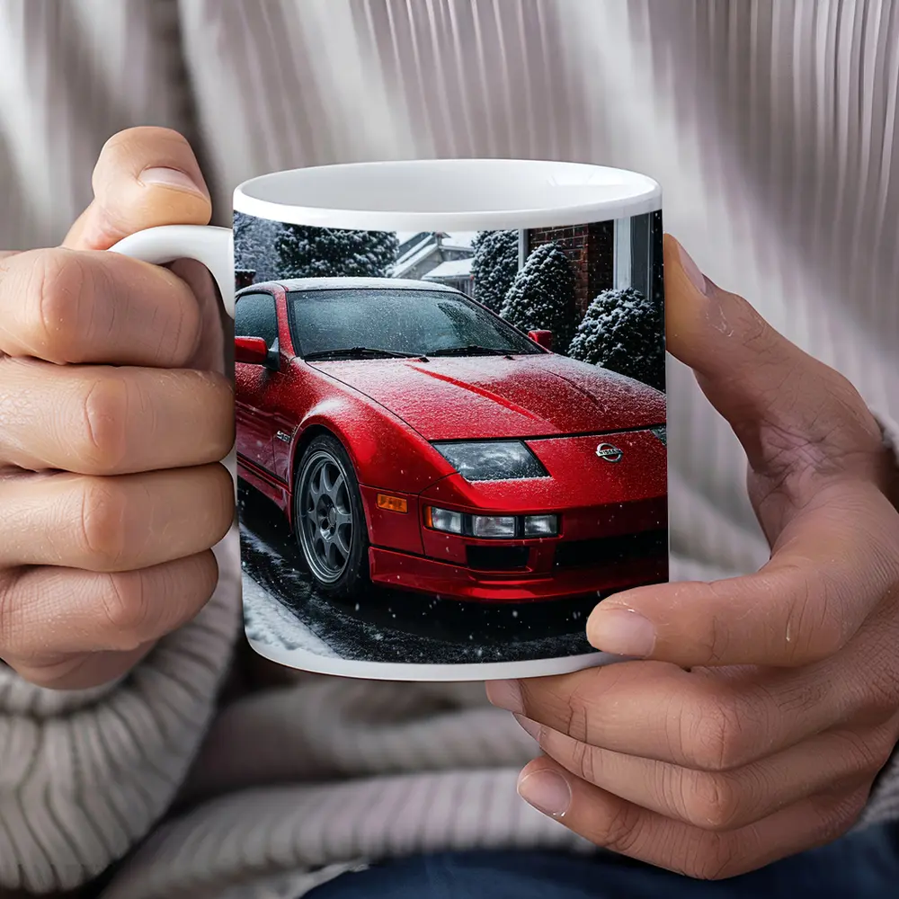 Nissan 300ZX Red Sports Car Snowy Driveway – Mugs