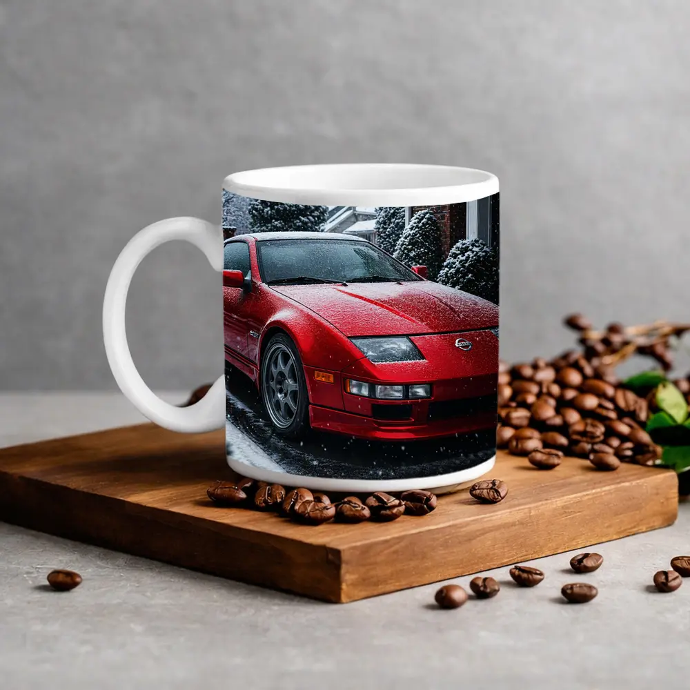 Nissan 300ZX Red Sports Car Snowy Driveway – Mugs