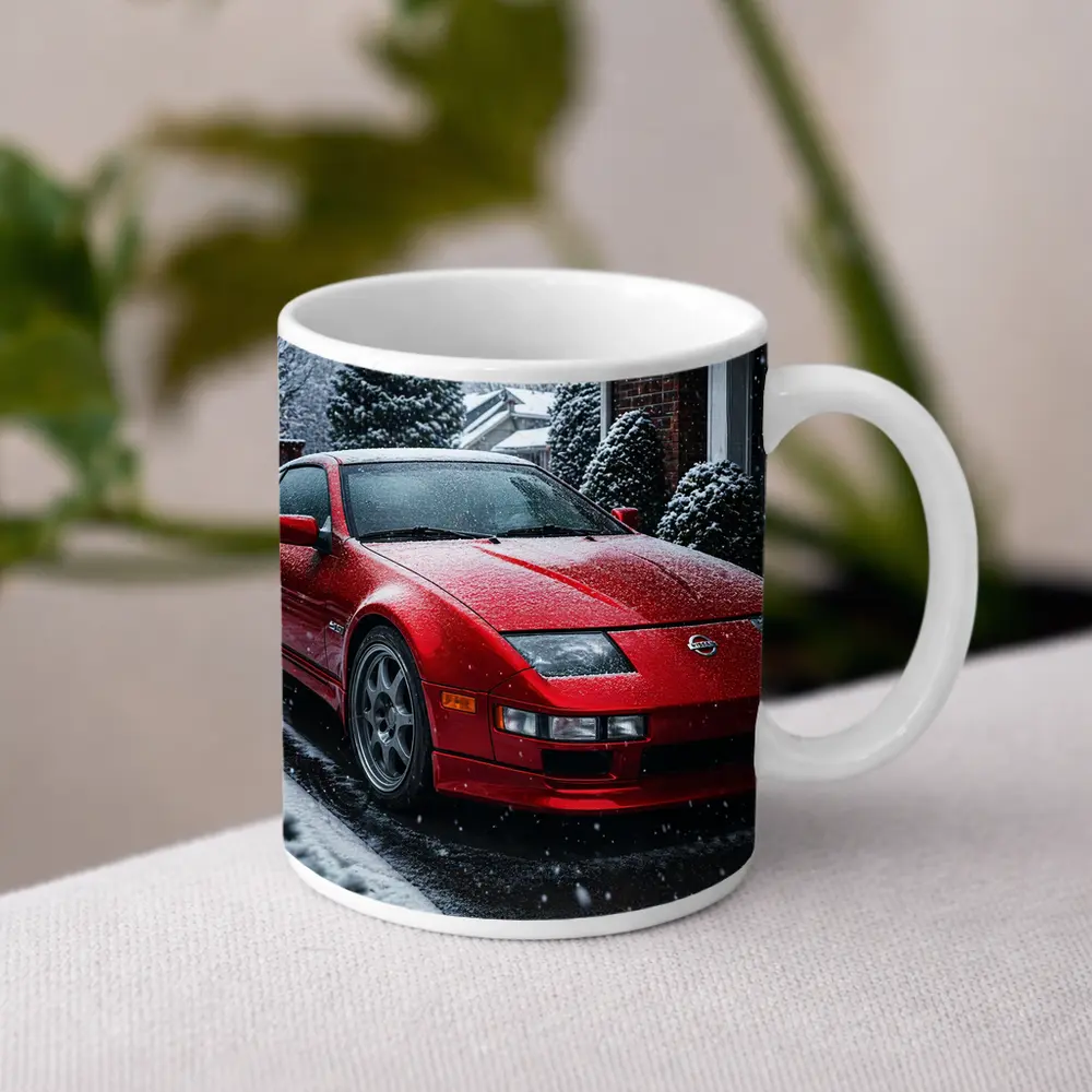 Nissan 300ZX Red Sports Car Snowy Driveway – Mugs