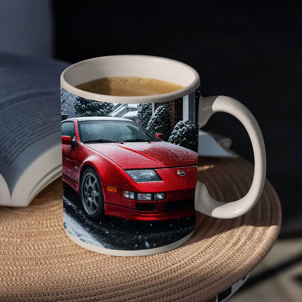 Nissan 300ZX Red Sports Car Snowy Driveway – Mugs