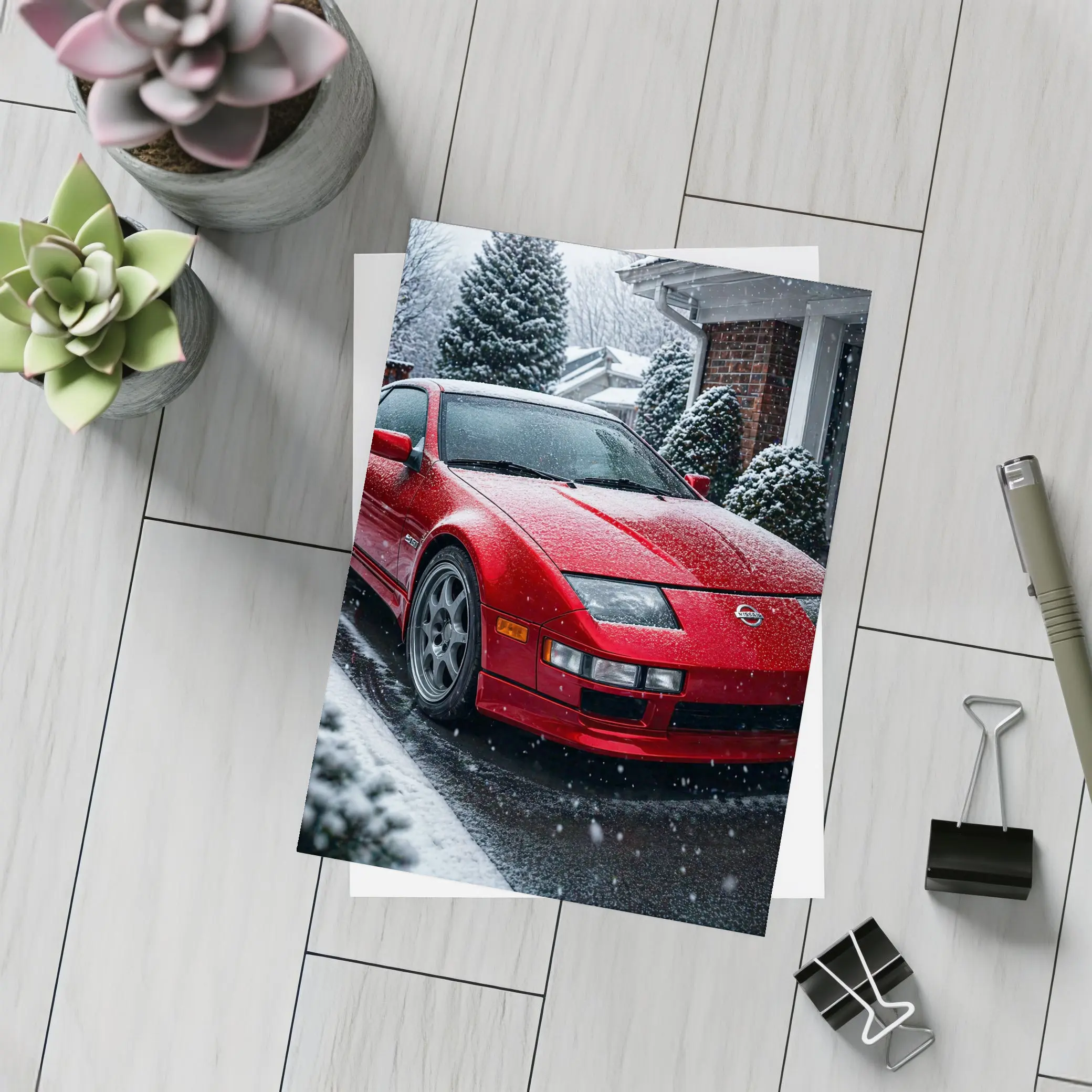 Nissan 300ZX Red Sports Car Snowy Driveway – Postcards