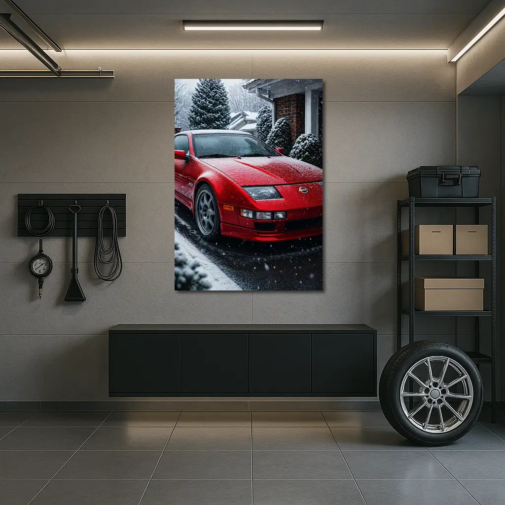 Nissan 300ZX Red Sports Car Snowy Driveway – Wall Art