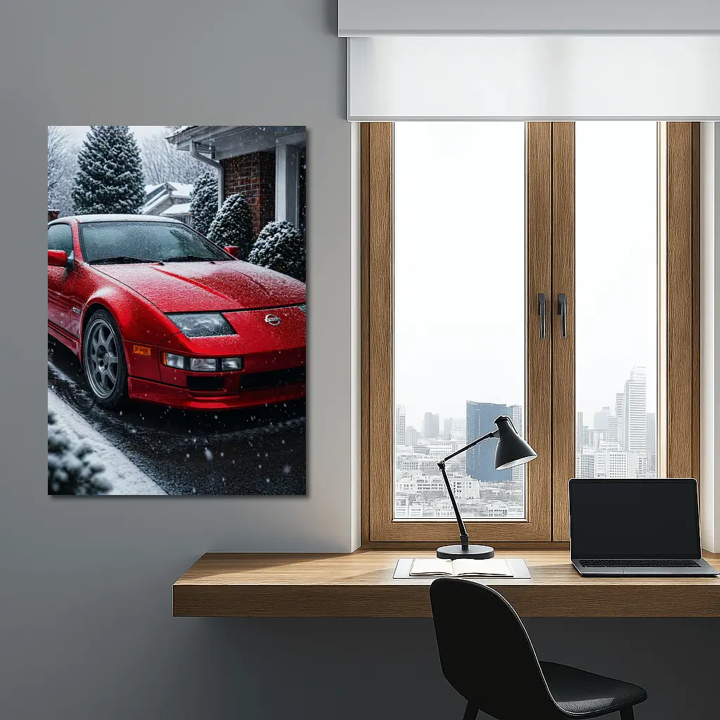 Nissan 300ZX Red Sports Car Snowy Driveway – Wall Art
