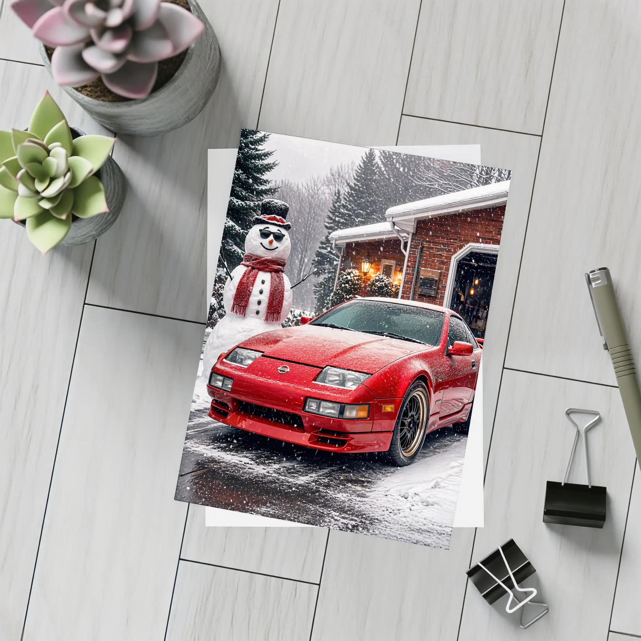 Nissan 300ZX Red Sports Car Winter Snow – Postcards