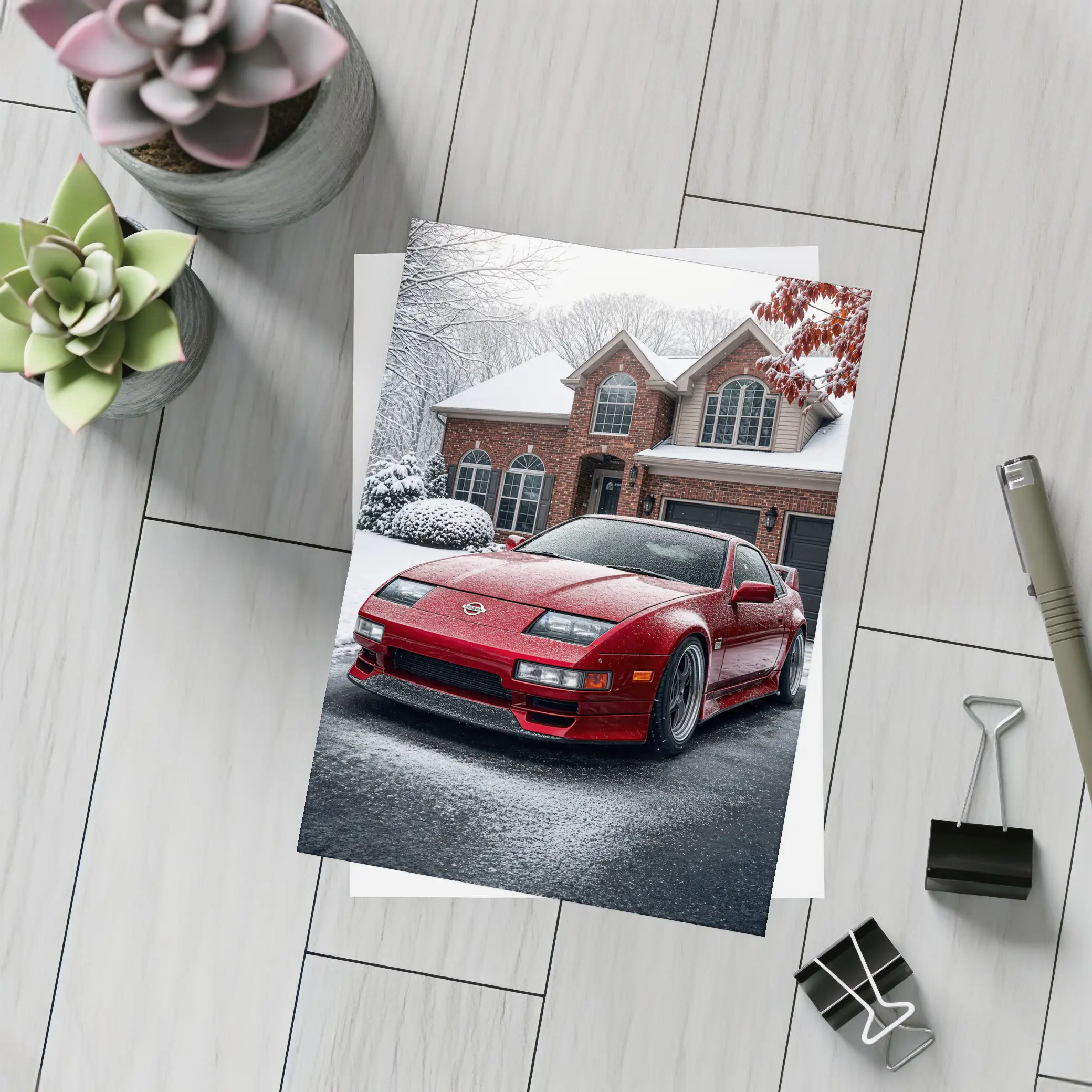 Nissan 300ZX Red Sports Car Winter Snow – Postcards