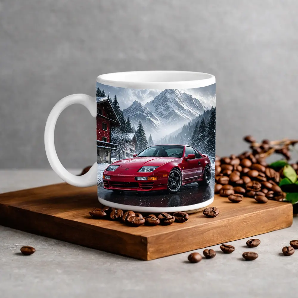 Nissan 300ZX Red Car Snowy Mountain Village – Mugs