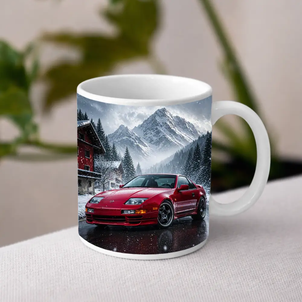 Nissan 300ZX Red Car Snowy Mountain Village – Mugs