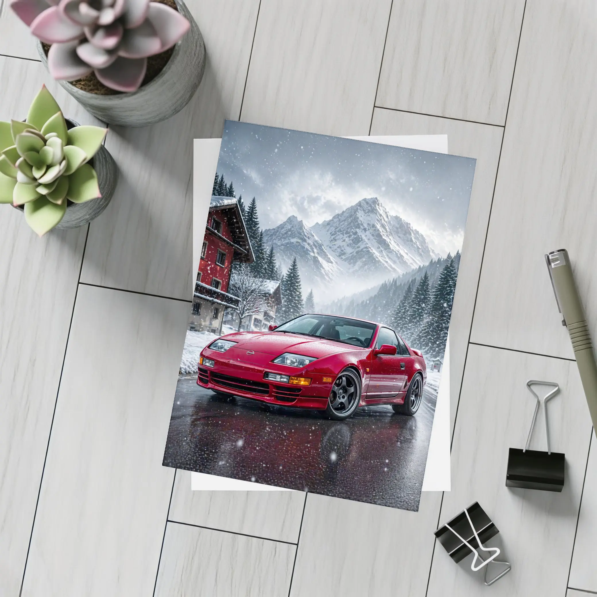 Nissan 300ZX Red Car Snowy Mountain Village – Postcards