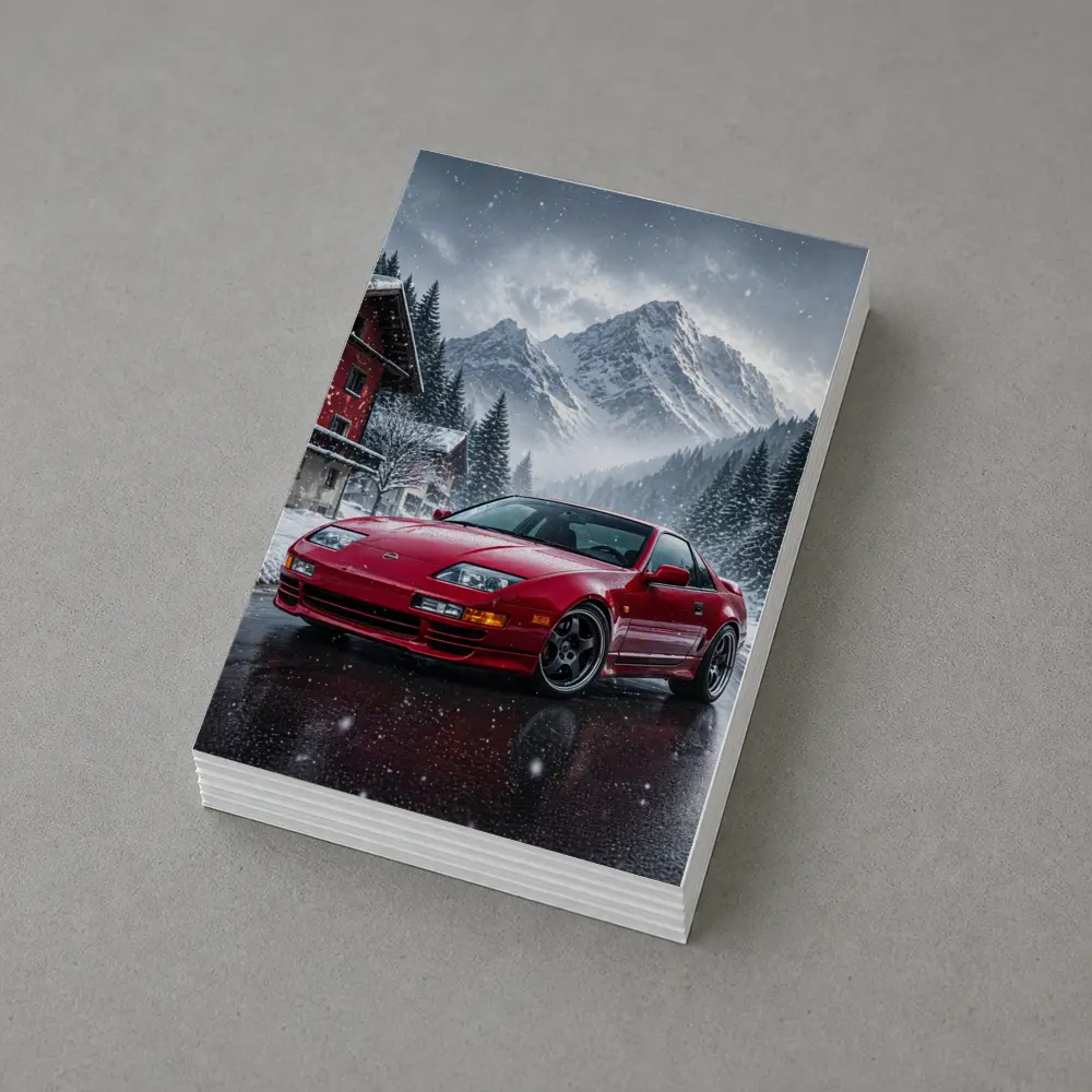 Nissan 300ZX Red Car Snowy Mountain Village – Postcards