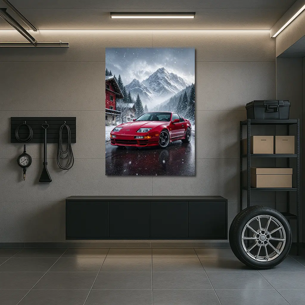 Nissan 300ZX Red Car Snowy Mountain Village – Wall Art