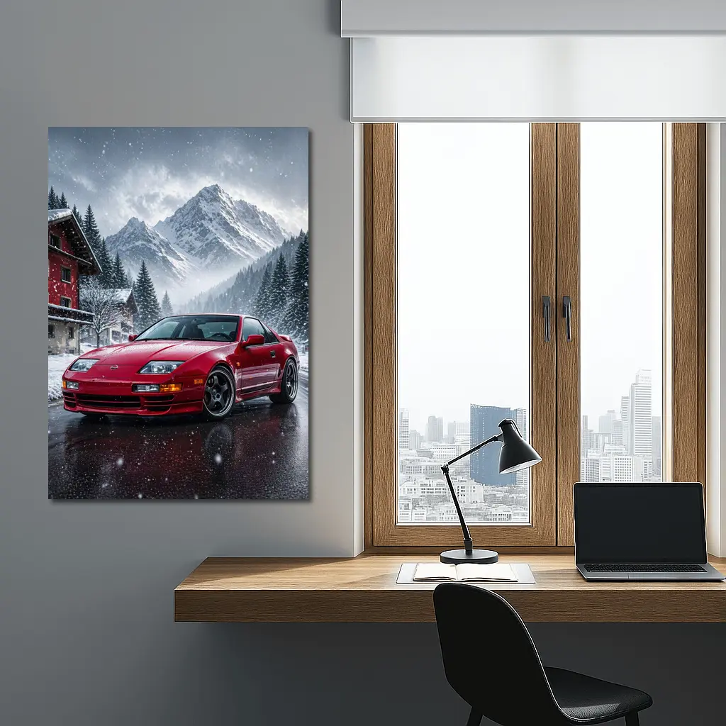 Nissan 300ZX Red Car Snowy Mountain Village – Wall Art