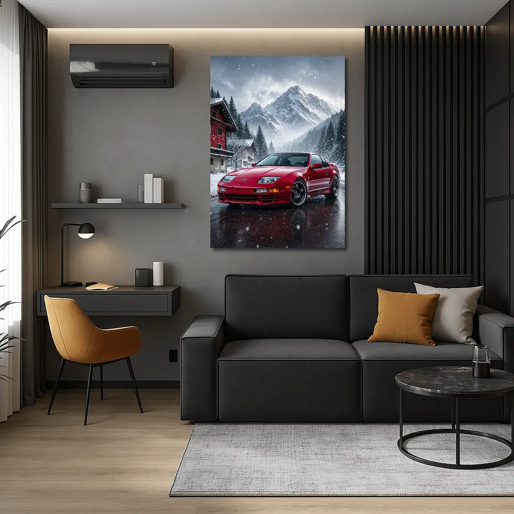 Nissan 300ZX Red Car Snowy Mountain Village – Wall Art