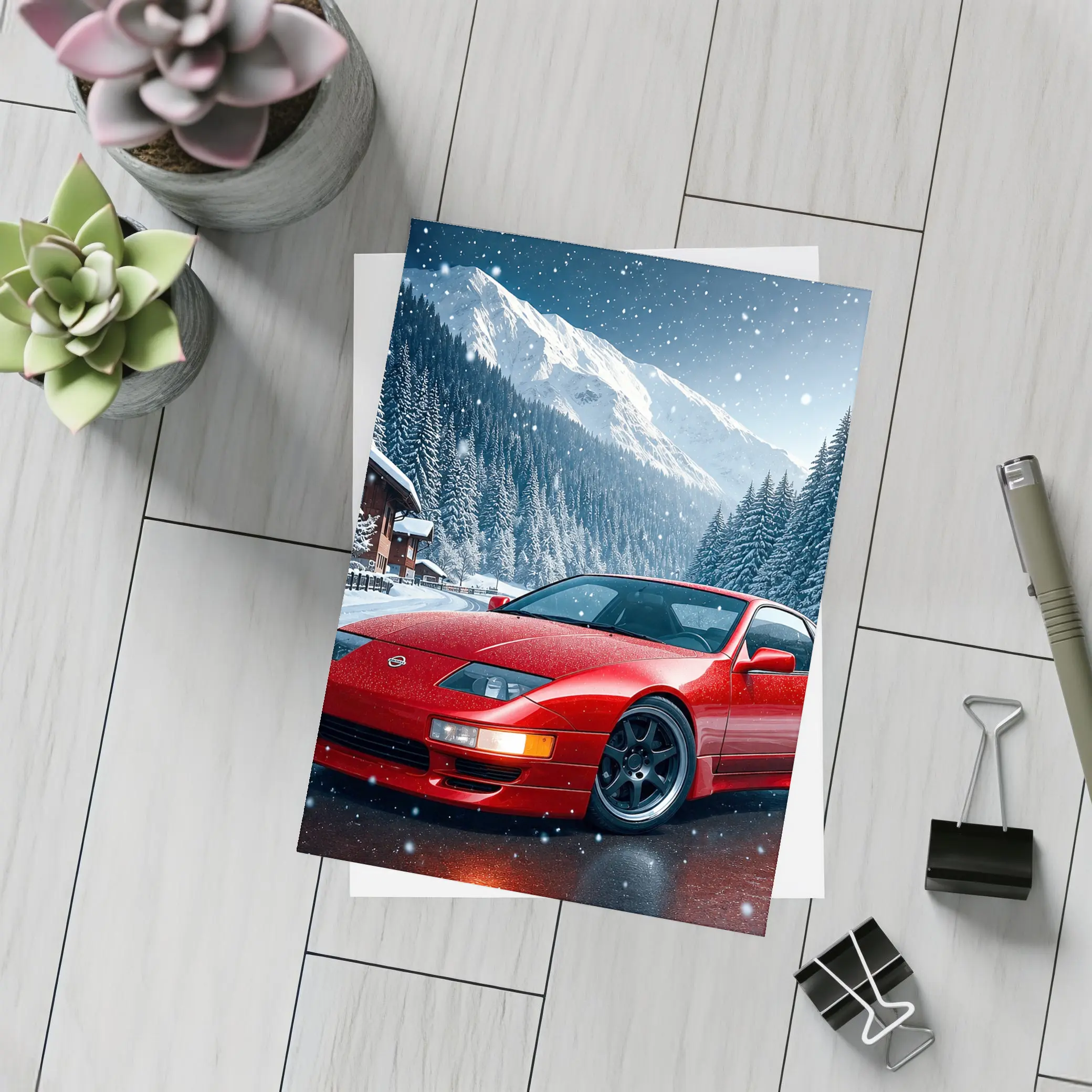 Nissan 300ZX Red Sports Car Snowy Mountains – Postcards