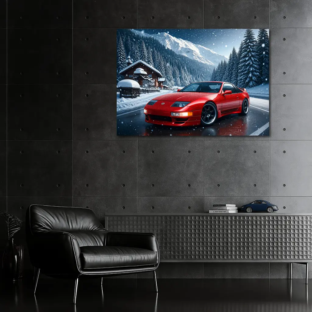 Nissan 300ZX Red Sports Car Snowy Mountains – Wall Art