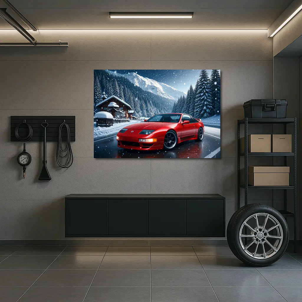 Nissan 300ZX Red Sports Car Snowy Mountains – Wall Art