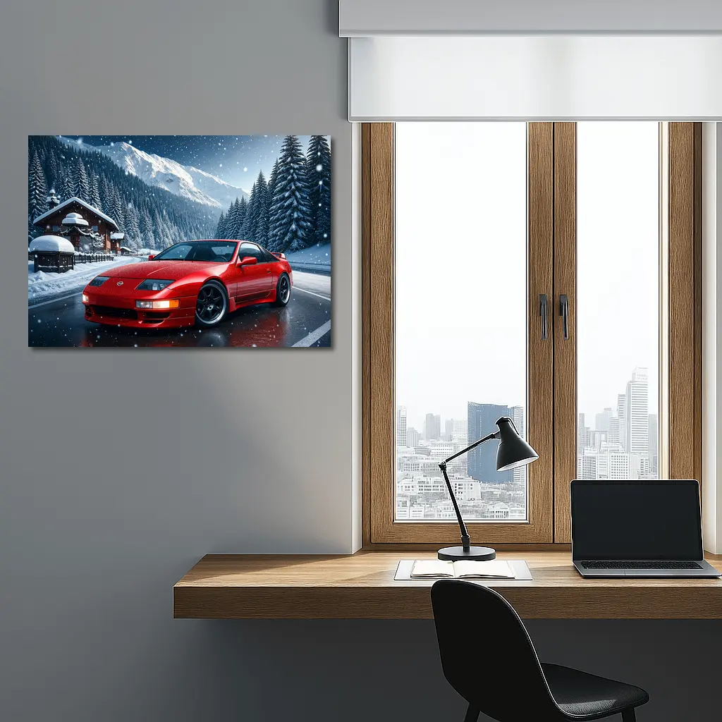 Nissan 300ZX Red Sports Car Snowy Mountains – Wall Art