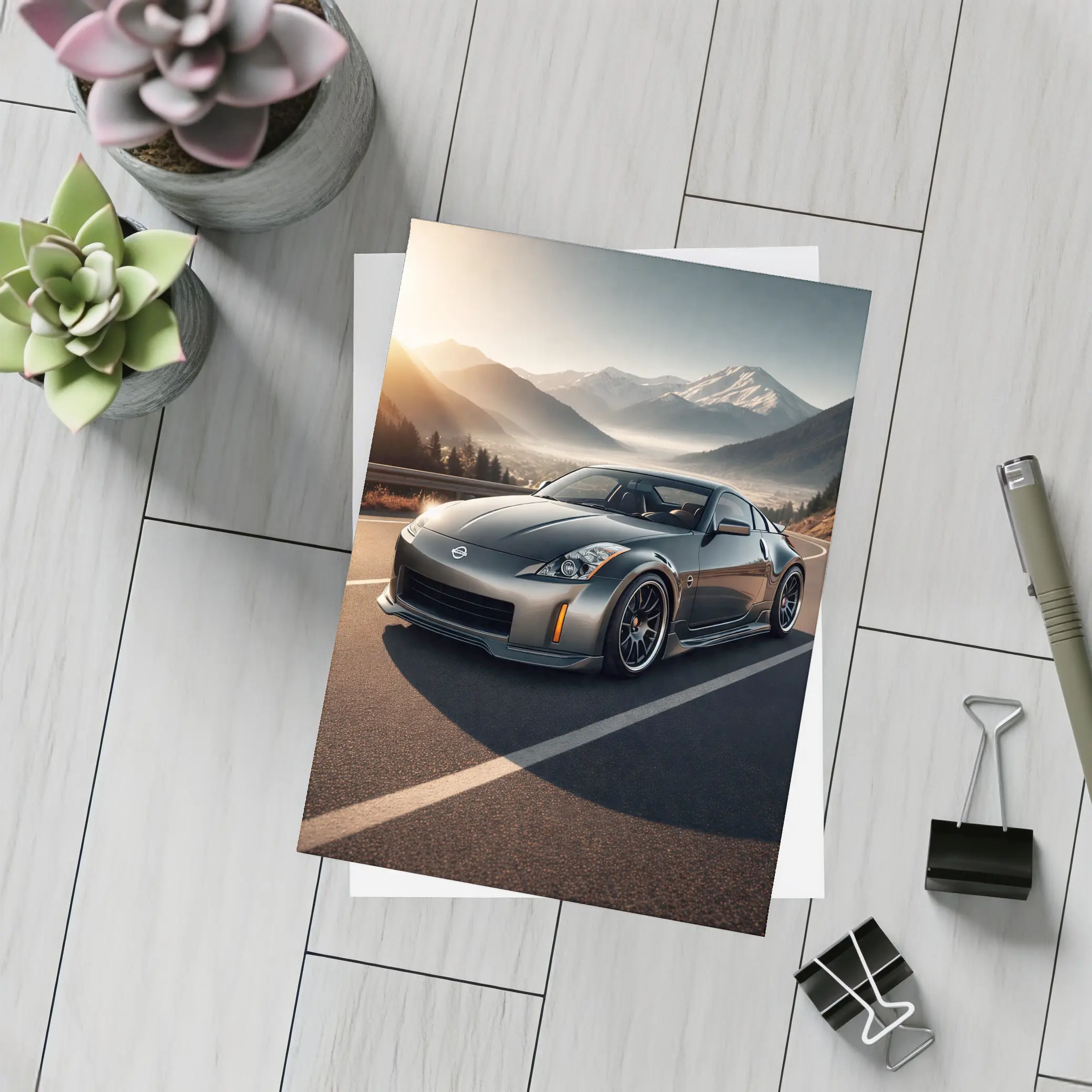 Nissan 350Z Gray Sports Car Mountain Road – Postcards