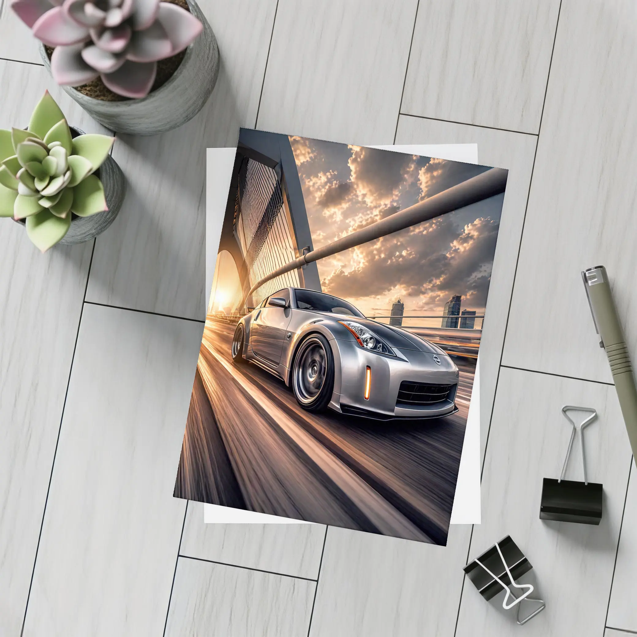 Nissan 350Z Silver Bridge Sunset Drive – Postcards