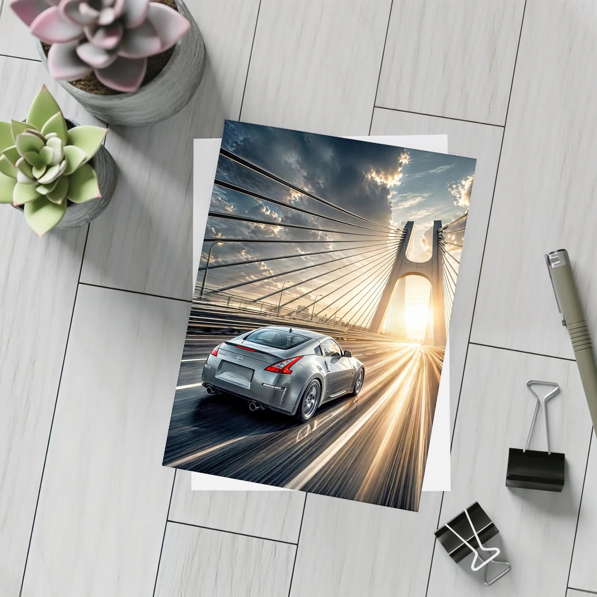 Nissan 370Z Racing Across Sunset Bridge – Postcards