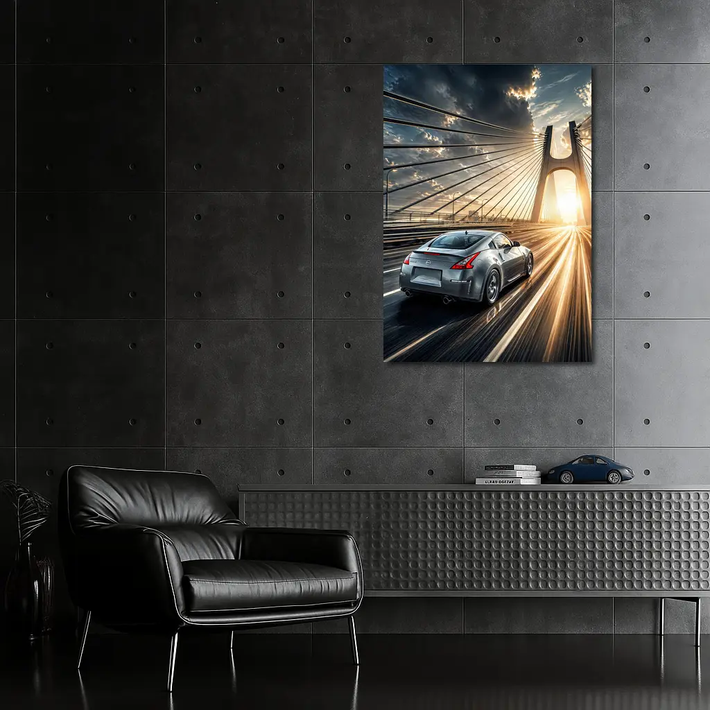 Nissan 370Z Racing Across Sunset Bridge – Wall Art