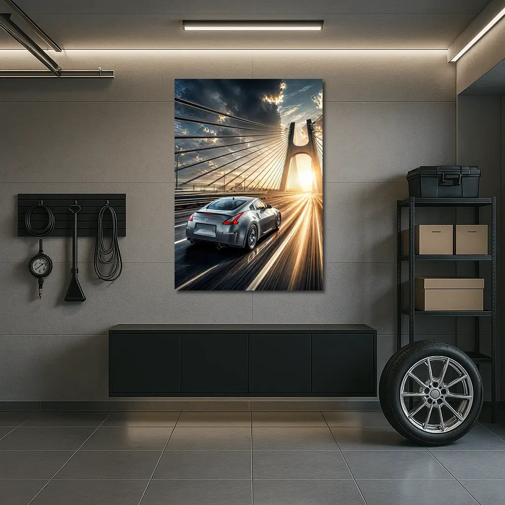 Nissan 370Z Racing Across Sunset Bridge – Wall Art