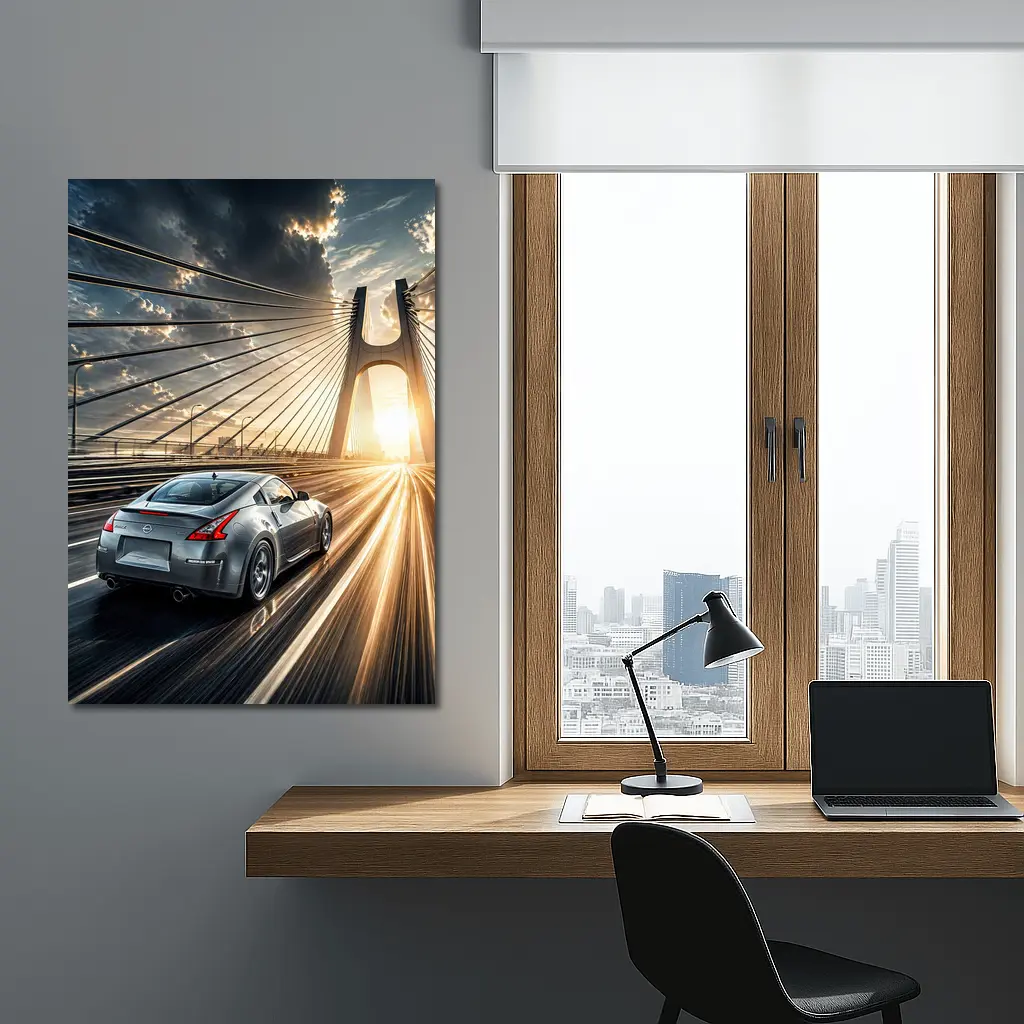 Nissan 370Z Racing Across Sunset Bridge – Wall Art