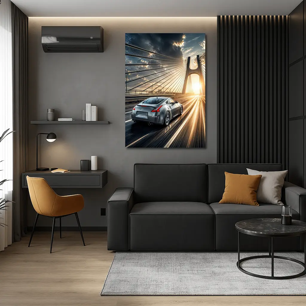 Nissan 370Z Racing Across Sunset Bridge – Wall Art