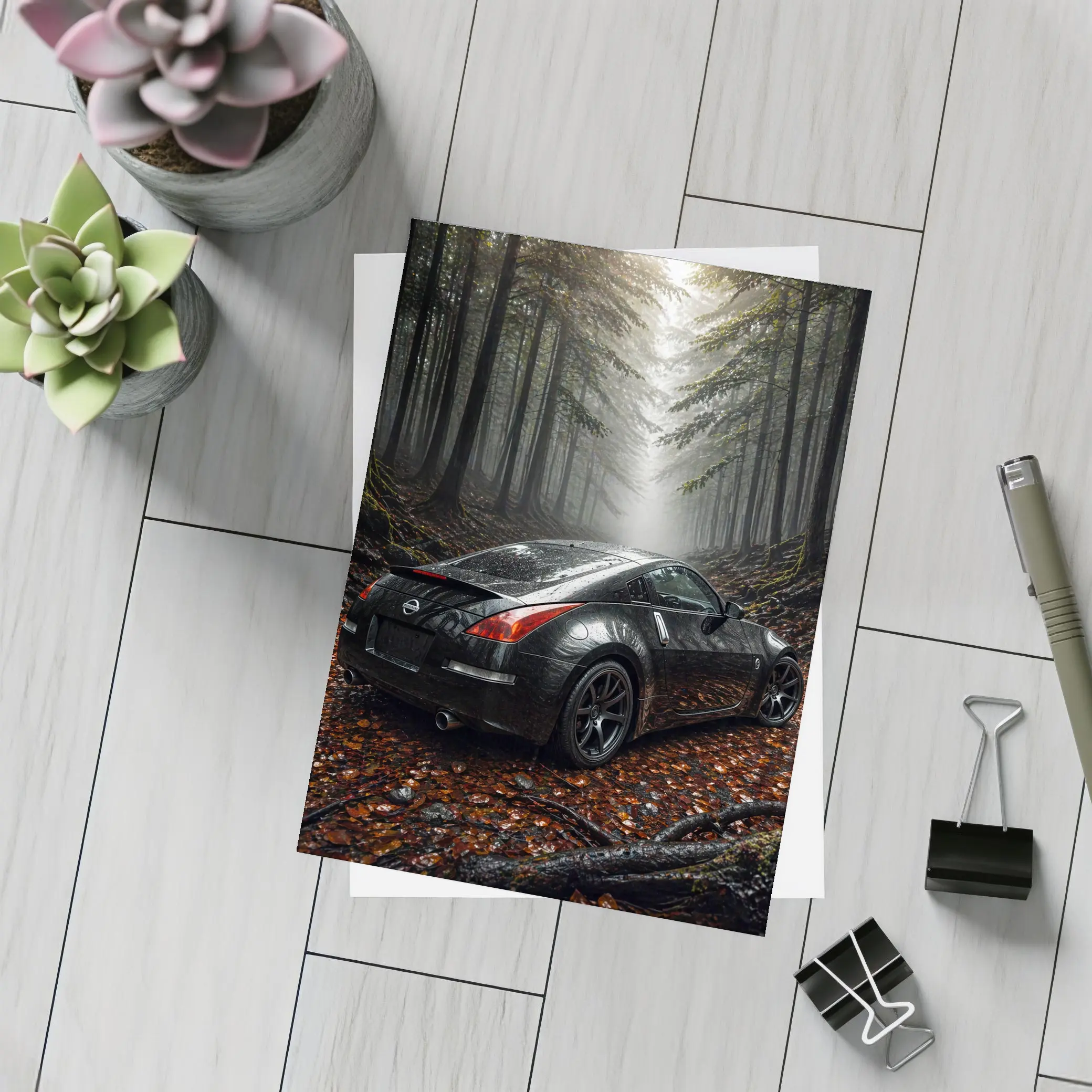 Nissan 350Z Black Wet Foggy Forest – Postcards