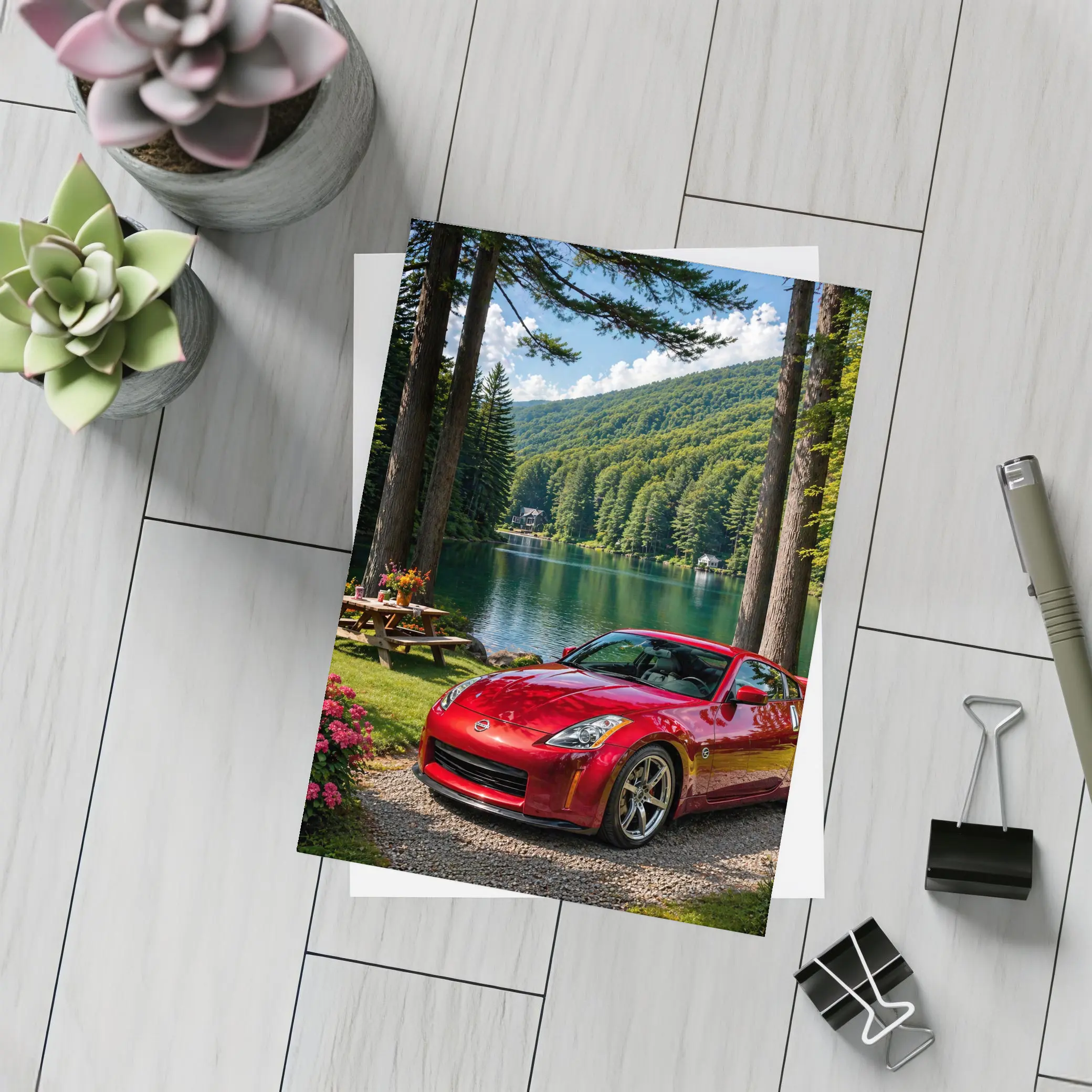 Nissan 350Z Red Sports Car Lake Setting – Postcards
