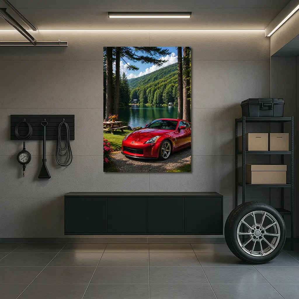 Nissan 350Z Red Sports Car Lake Setting – Wall Art