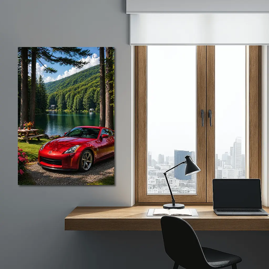 Nissan 350Z Red Sports Car Lake Setting – Wall Art