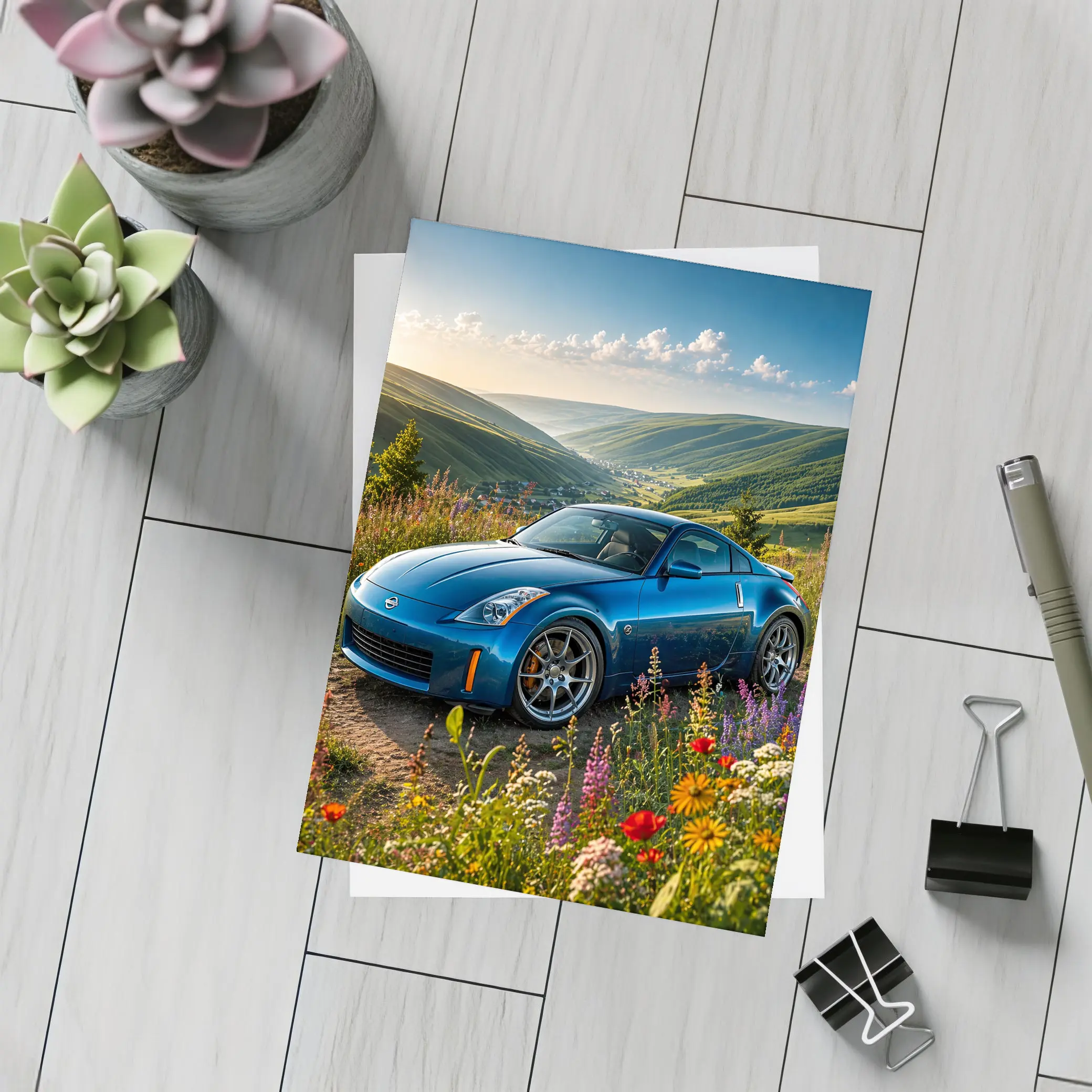 Nissan 350Z Blue Sports Car Green Hills – Postcards
