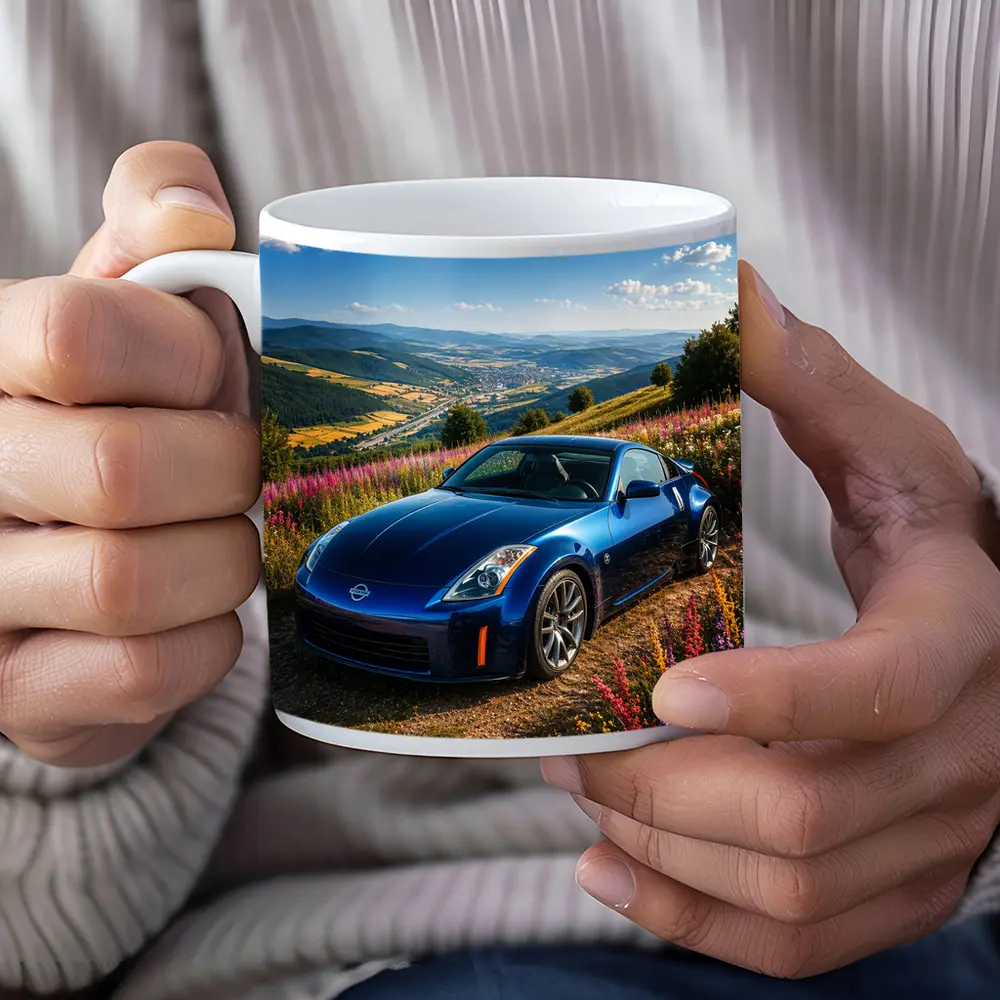 Nissan 350Z Blue Sports Car Hillside View – Mugs